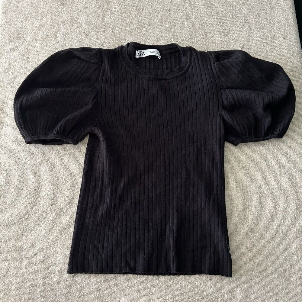 Zara Puffy Sleeve Sweater Womens Small Black Puppy Dog Ear Short Sleeve